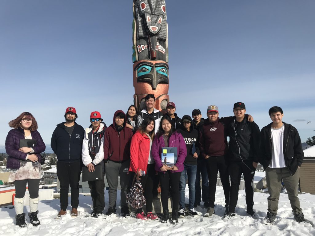 group of people posing in front of totem pole